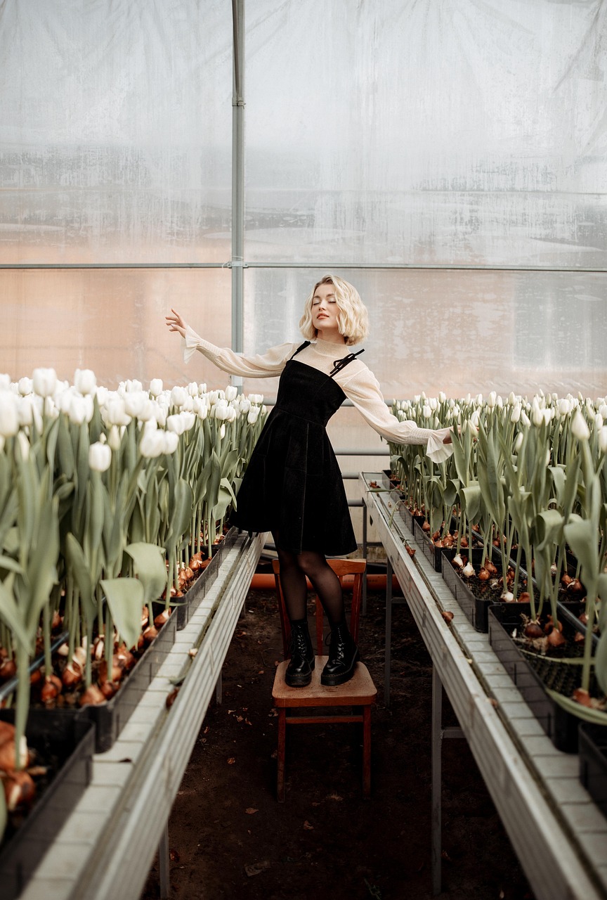 tulips, greenhouse, beautiful flowers, nature, flowers, dress, model, posing, fashion, modeling, flower wallpaper, flower background, aesthetic wallpaper, phone wallpaper, iphone wallpaper